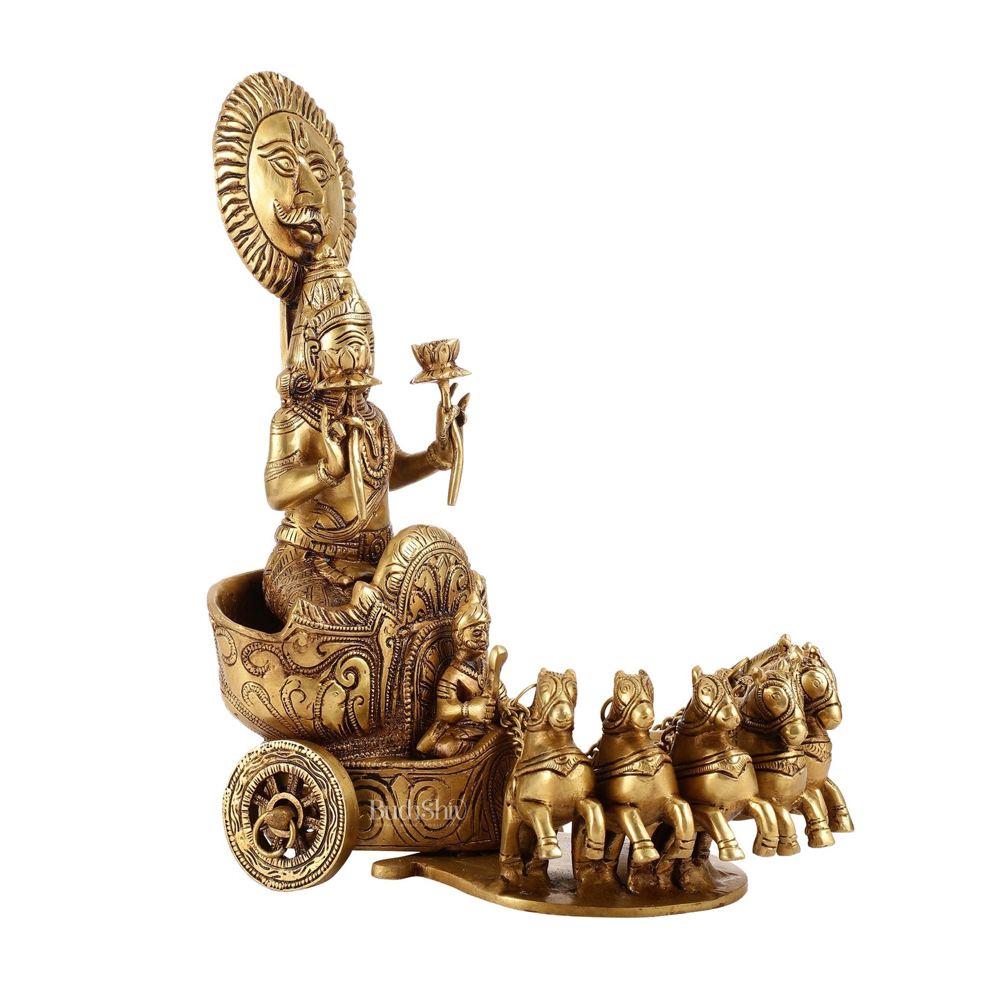 Brass Surya Rath Chariot - 12" Height, 7 Horses - Intricate Detail - Budhshiv.com