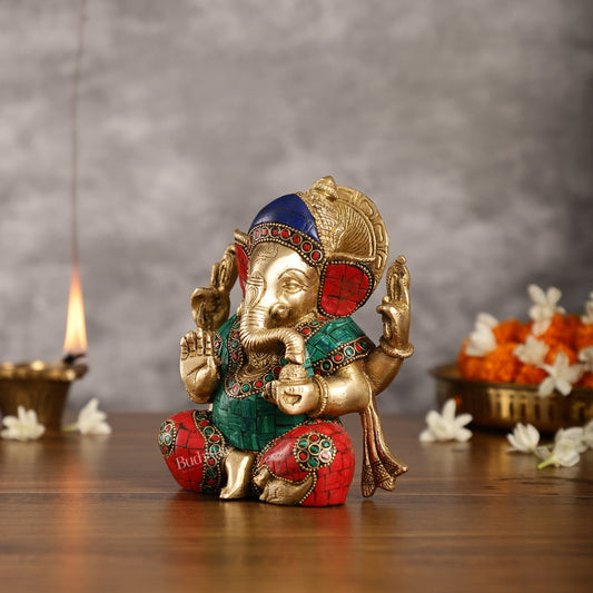 Brass Taj Ganesha Idol with Stonework | Height 7 inch - Budhshiv.com