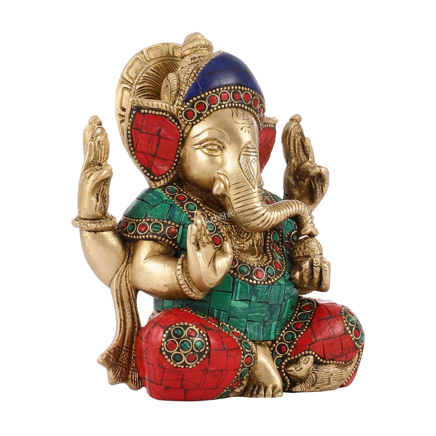 Brass Taj Ganesha Idol with Stonework | Height 7 inch - Budhshiv.com