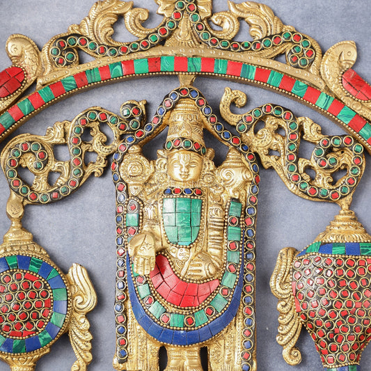 Brass Tirupati Balaji wall hanging with Shankh and Chakra 12 " stonework - Budhshiv.com