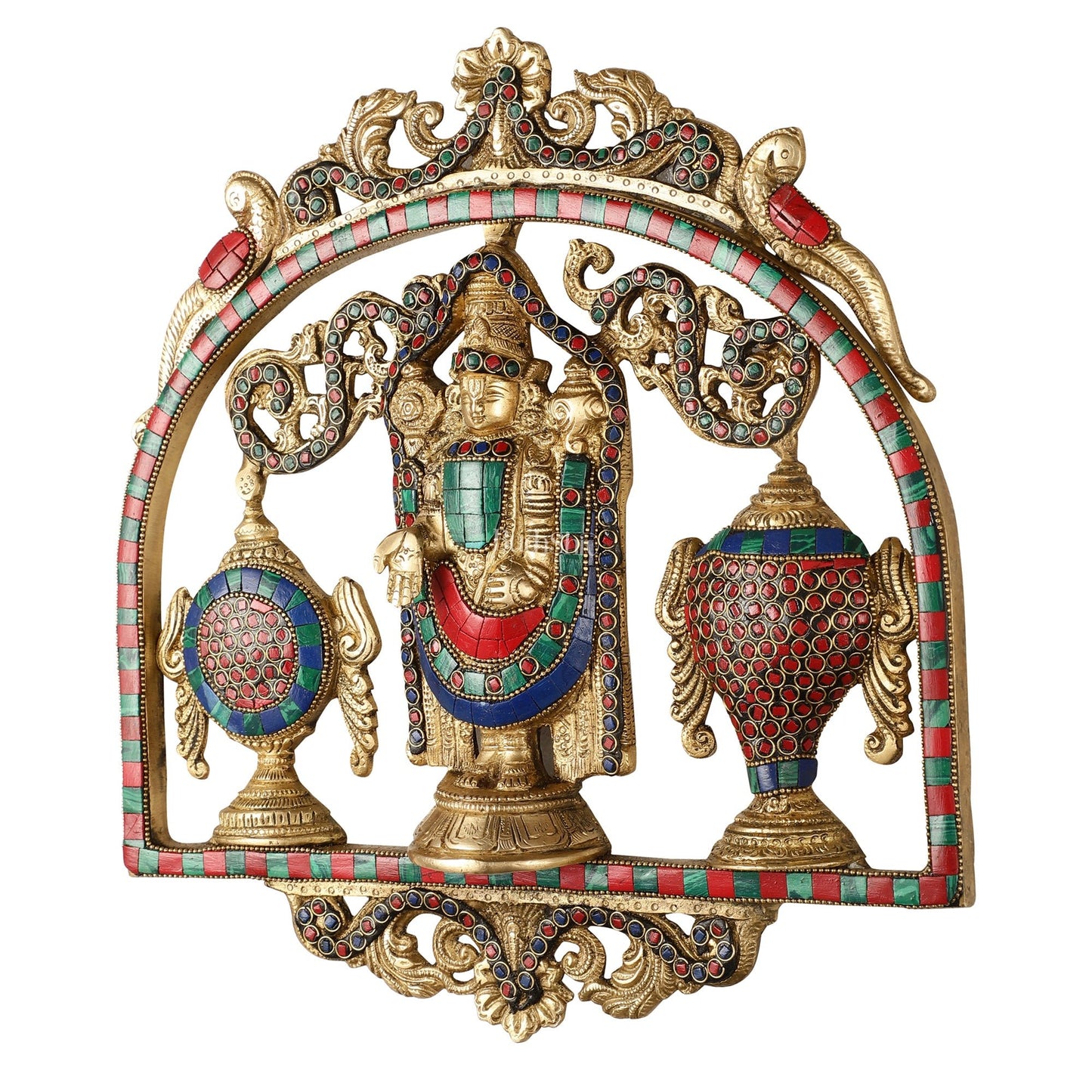 Brass Tirupati Balaji wall hanging with Shankh and Chakra 12 " stonework - Budhshiv.com