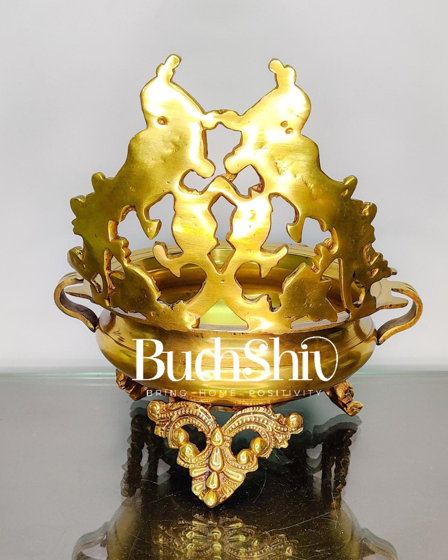 Brass Traditional Twin Peacock Design Urli 9.5 inch - Budhshiv.com