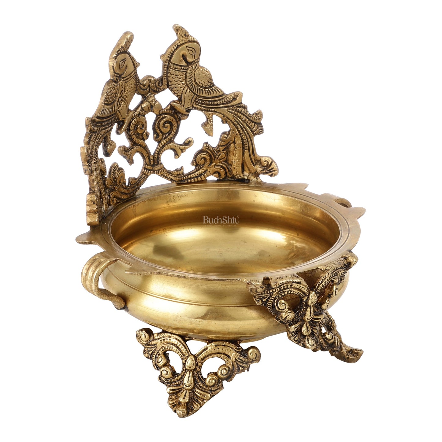 Brass Traditional Twin Peacock Design Urli 9.5 inch - Budhshiv.com