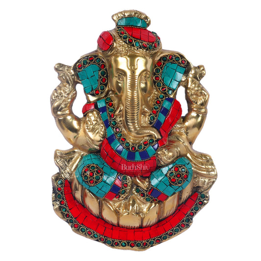 Brass turban Ganesh Wall Hanging Stonework 9" - Budhshiv.com