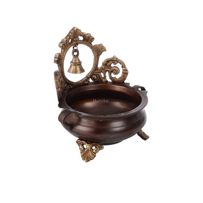 Brass urli with engraved design and bell - Budhshiv.com