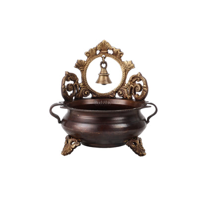 Brass urli with engraved design and bell - Budhshiv.com