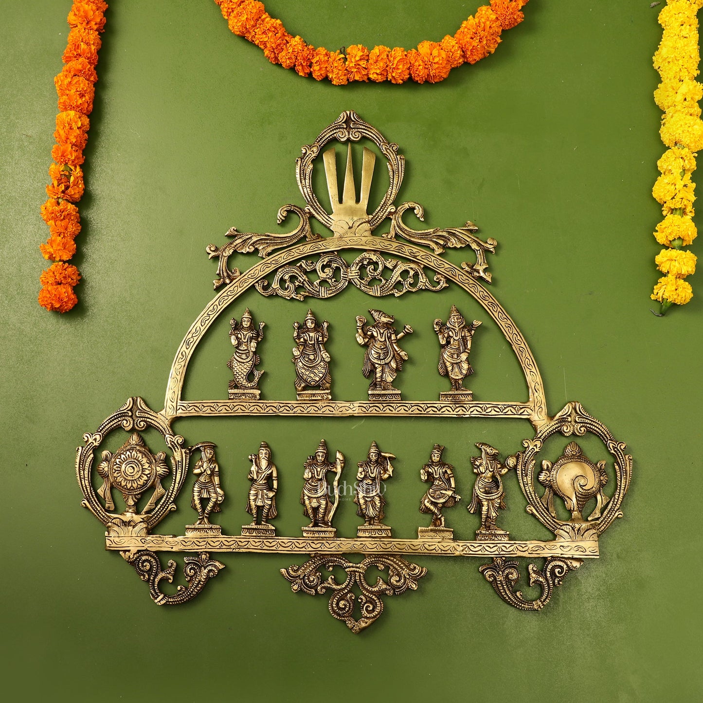 Brass Vishnu Dashavatar with Shankh Chakra and Namah Wall Hanging 20" - Budhshiv.com