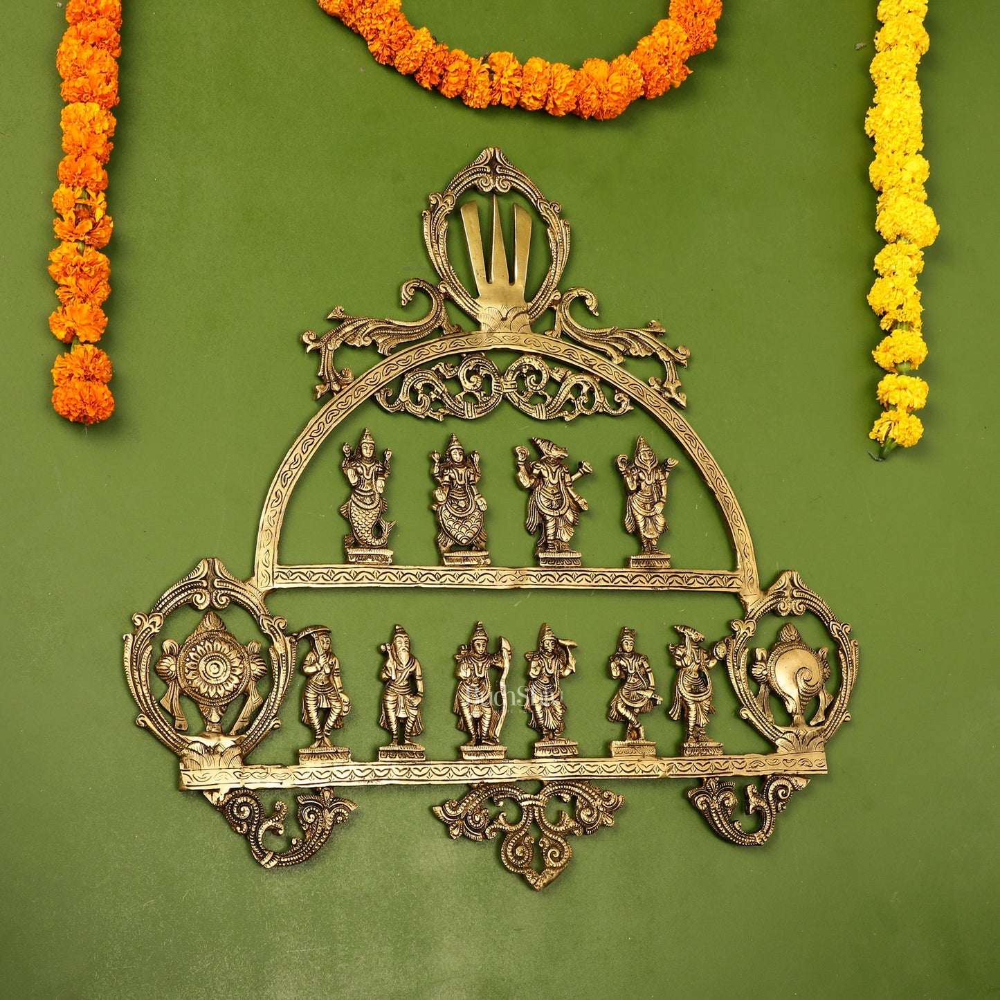 Brass Vishnu Dashavatar with Shankh Chakra and Namah Wall Hanging 20" - Budhshiv.com