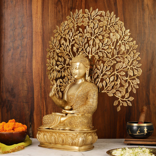 Buddha Brass statue with bodhi tree 25 inches matte - Budhshiv.com