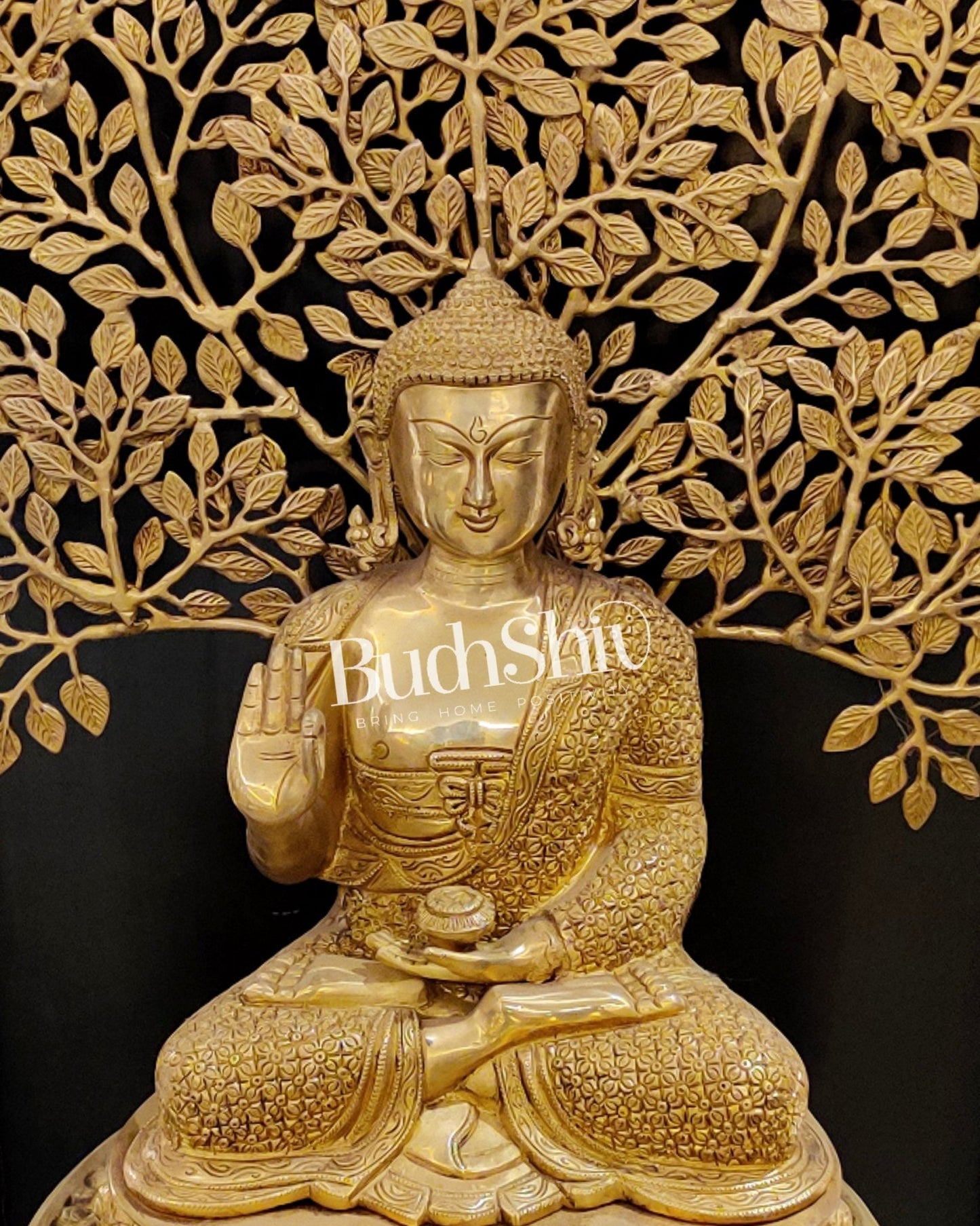 Buddha Brass statue with bodhi tree 25 inches - Budhshiv.com