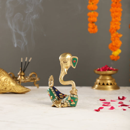 Contemporary Brass Modern Ganesha Idol | 6" Height | Meenakari Stonework - Budhshiv.com