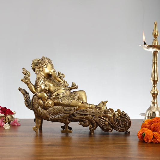 Divine 10 Inch Brass Ganapathi Idol on Peacock Throne - Handcrafted Masterpiece - Budhshiv.com
