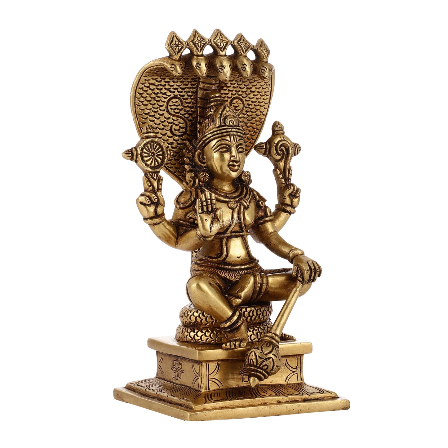 Divine 9 Inch Brass Lord Vishnu Seated with Sheshanaag Idol - Budhshiv.com