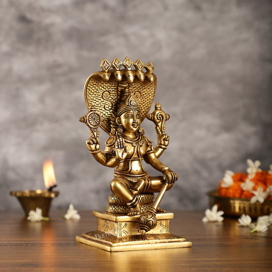 Divine 9 Inch Brass Lord Vishnu Seated with Sheshanaag Idol - Budhshiv.com