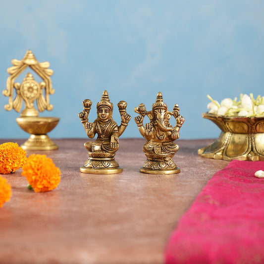 Divine Brass Ganesha and Lakshmi Idols Pair | Height 3.5 inch - Budhshiv.com