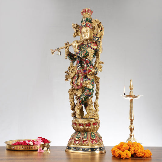 Divine Brass Handcrafted Ever Smiling Krishna Kanhaiya Statue 29" - Budhshiv.com