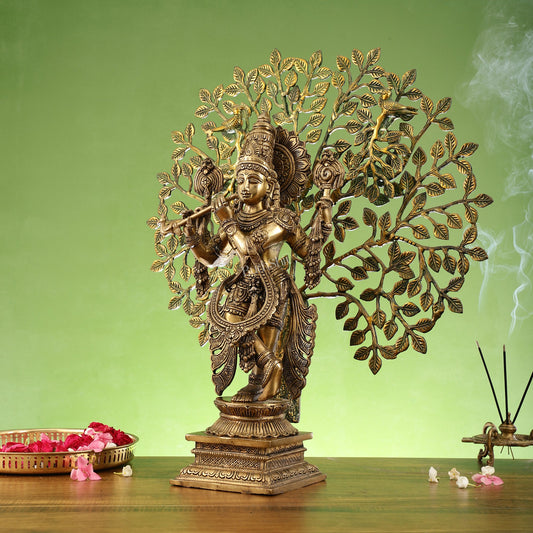 Divine Brass Krishna statue with Kalpavriksha Tree - 24 inches - Budhshiv.com