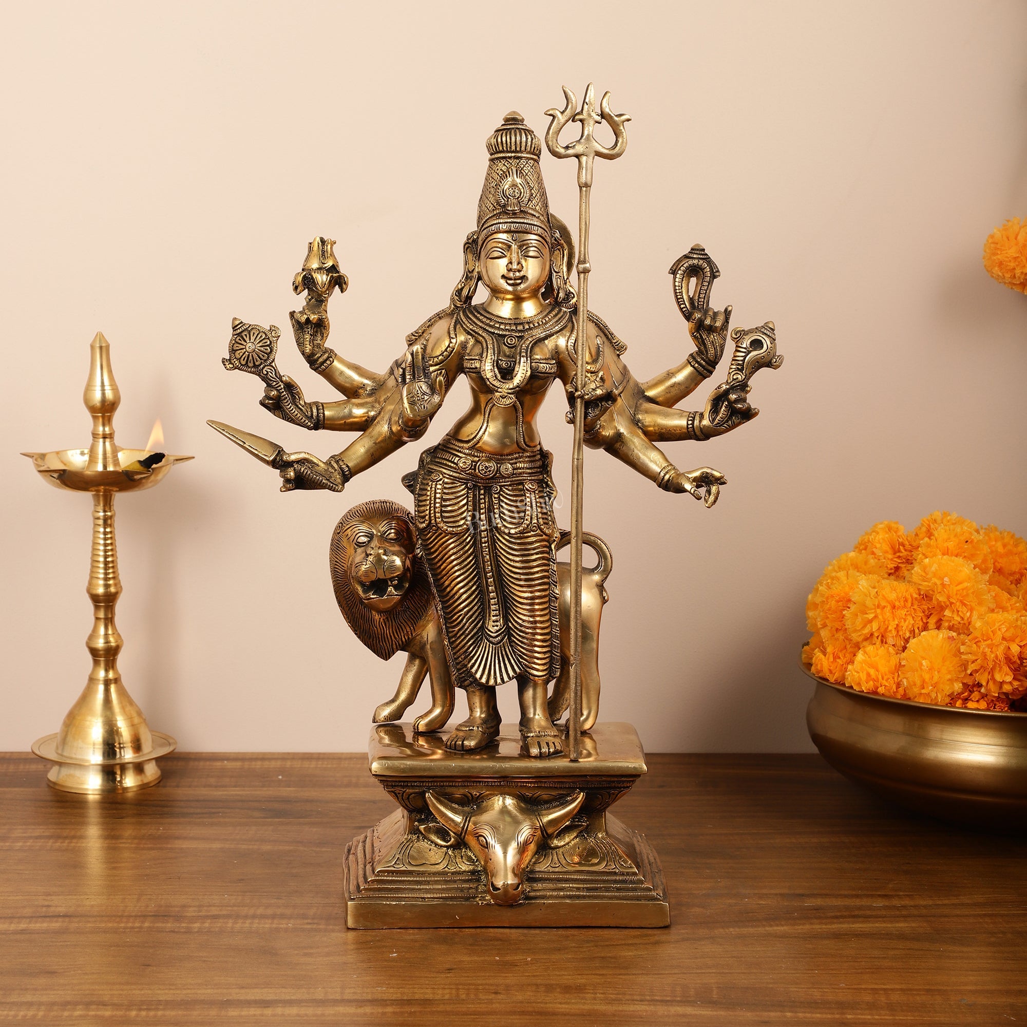 8 Armed Goddess Durga with Lion Brass Statue | 5 Inch