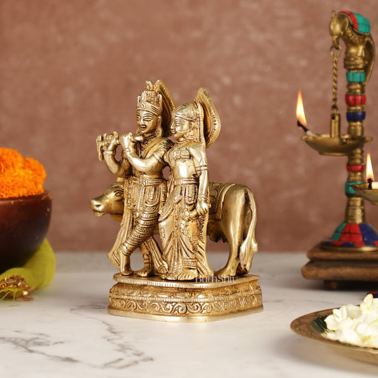 Divine Handcrafted Brass Radha Krishna with Cow Idol 7 Inch antique finish - Budhshiv.com