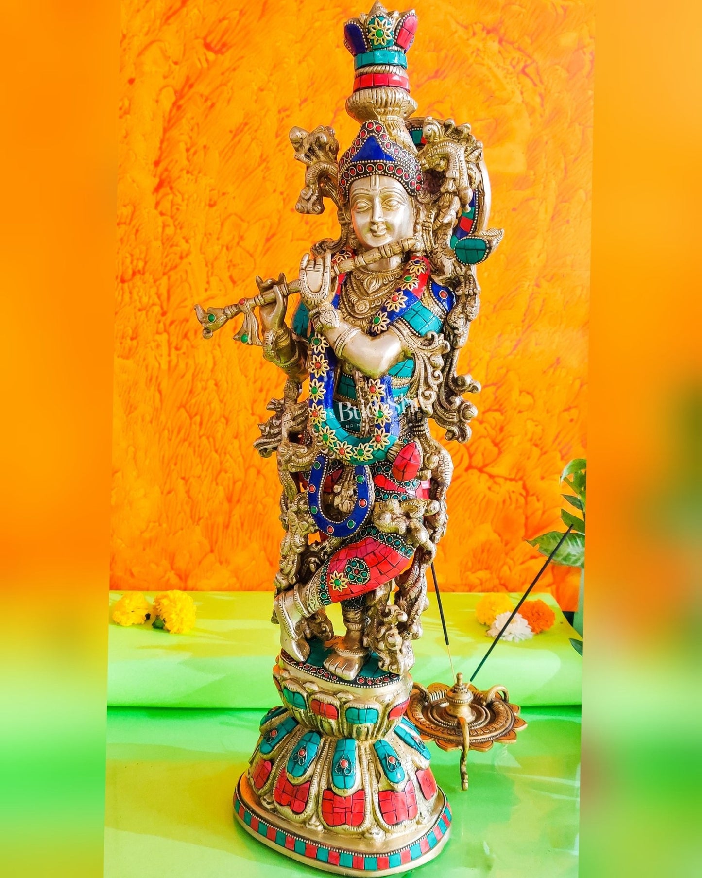 Divine Krishna Playing the Flute Statue with stonework 24 inch - Budhshiv.com