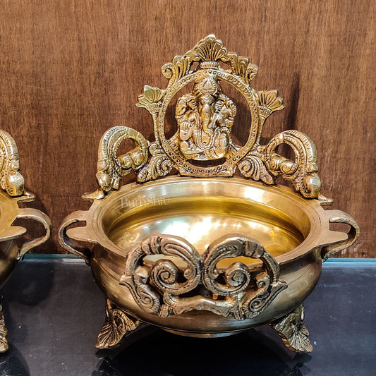 Divine Pair: Lord Ganesha and Goddess Lakshmi Brass Statues on Decorative Urli - Budhshiv.com