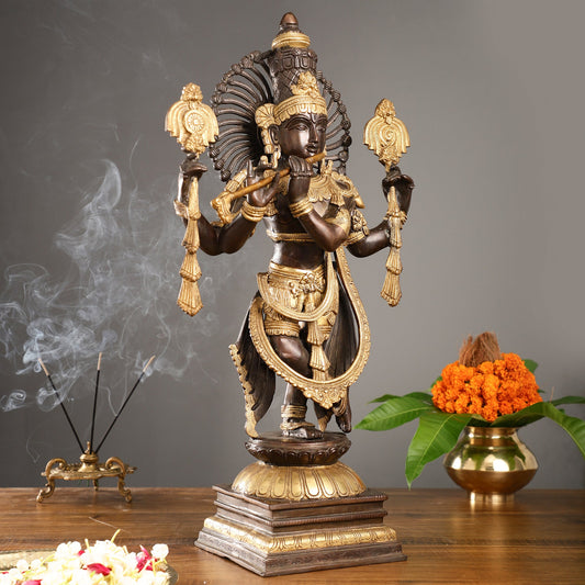 Divine Pure Brass Krishna Charbhuja Statue 24 inch - Budhshiv.com