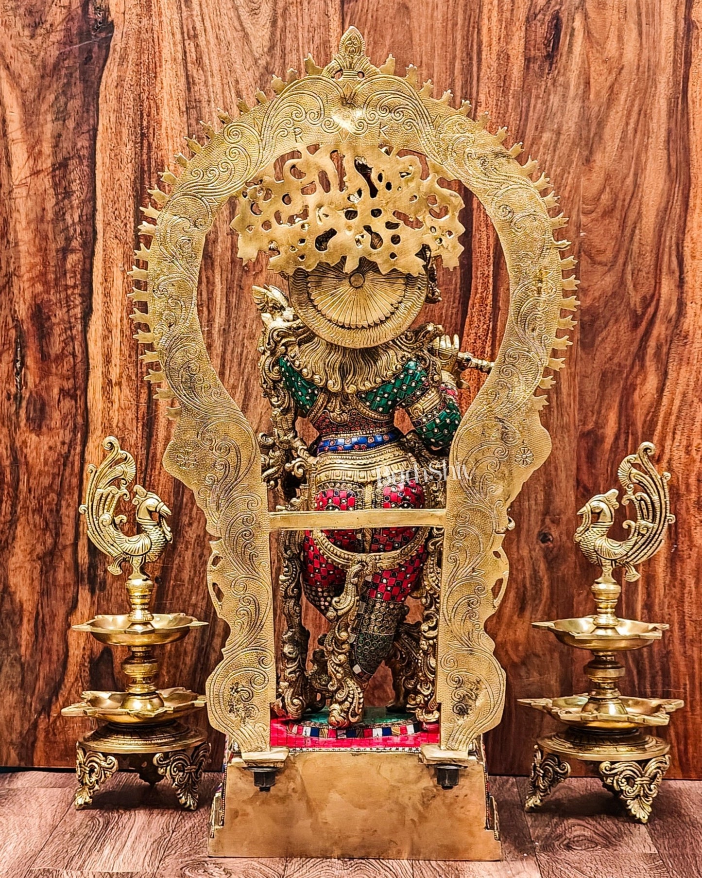 Divine Superfine Brass Krishna Statue 32 inch with stonework - Budhshiv.com