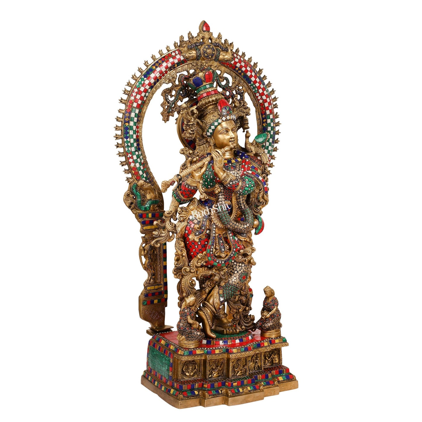 Divine Superfine Brass Krishna Statue 33 inch with stonework - Budhshiv.com