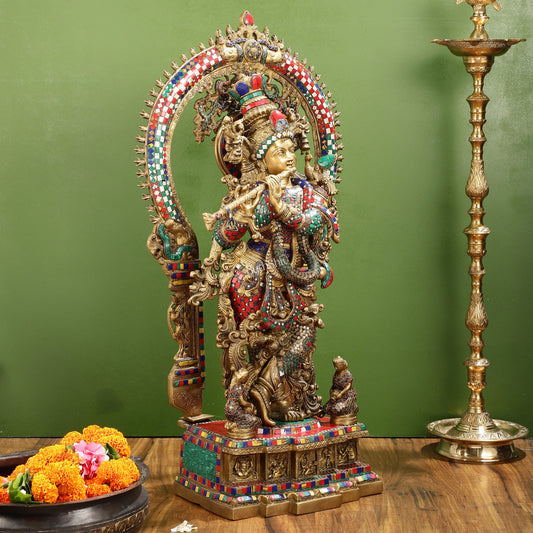 Divine Superfine Brass Krishna Statue 33 inch with stonework - Budhshiv.com