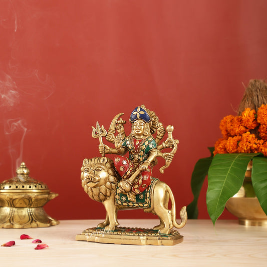 Durga Superfine Brass Murti 7.5 " with stonework - Budhshiv.com