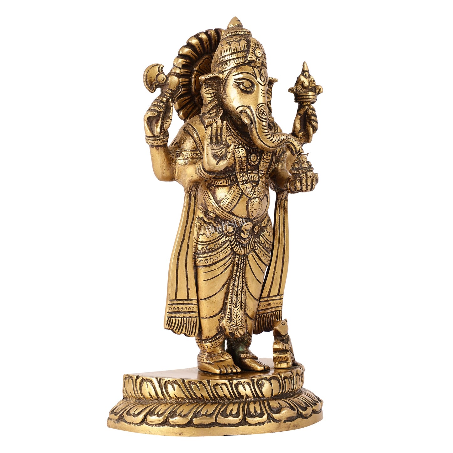 Elegant Brass Standing Blessing Ganesha Idol with 4 Arms - 12 Inch - Budhshiv.com