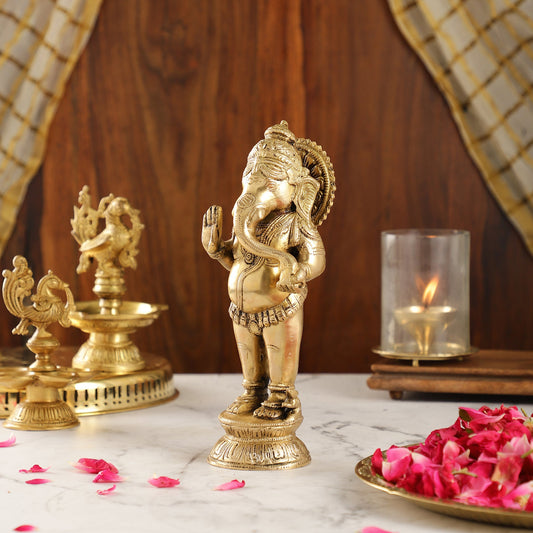 Elegant Brass Standing Ganesha with Modak | 9.5" Height - Budhshiv.com