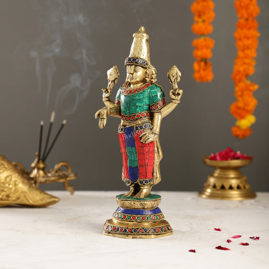 Elegant Golden Brass Tirupati Balaji Statue with Stonework | 12" Height | Divine Aura - Budhshiv.com