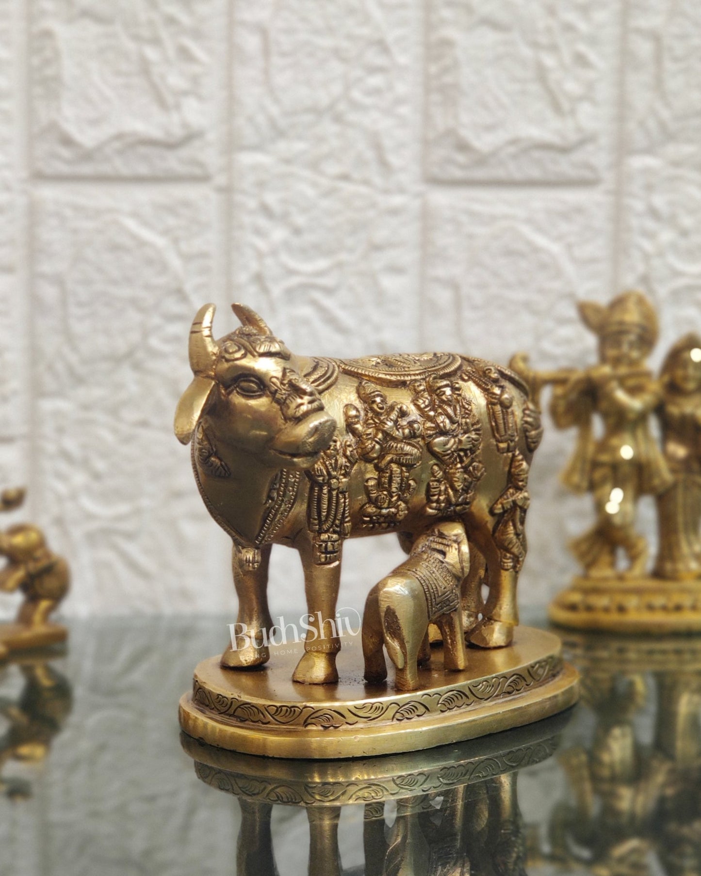 Engraved Brass Kamdhenu Statue with Deities | 5" x 6.5" x 3.75" | Handcrafted - Budhshiv.com