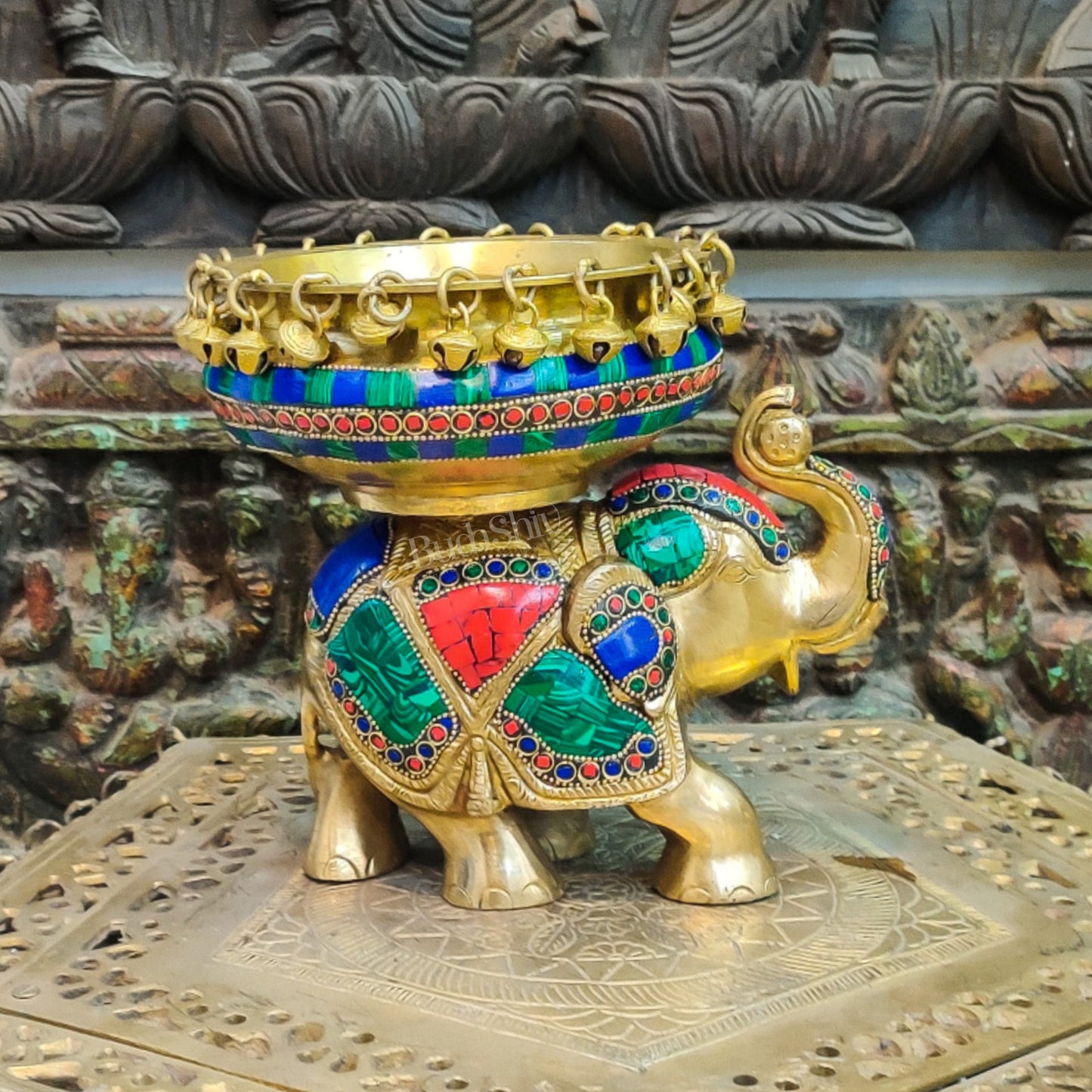 Engraved Elephant brass urli with ghungroo inlay stonework - Budhshiv.com