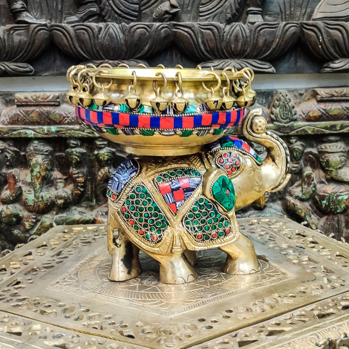 Engraved Elephant brass urli with ghungroo inlay stonework - Budhshiv.com