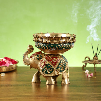 Engraved Elephant brass urli with ghungroo inlay stonework - Budhshiv.com