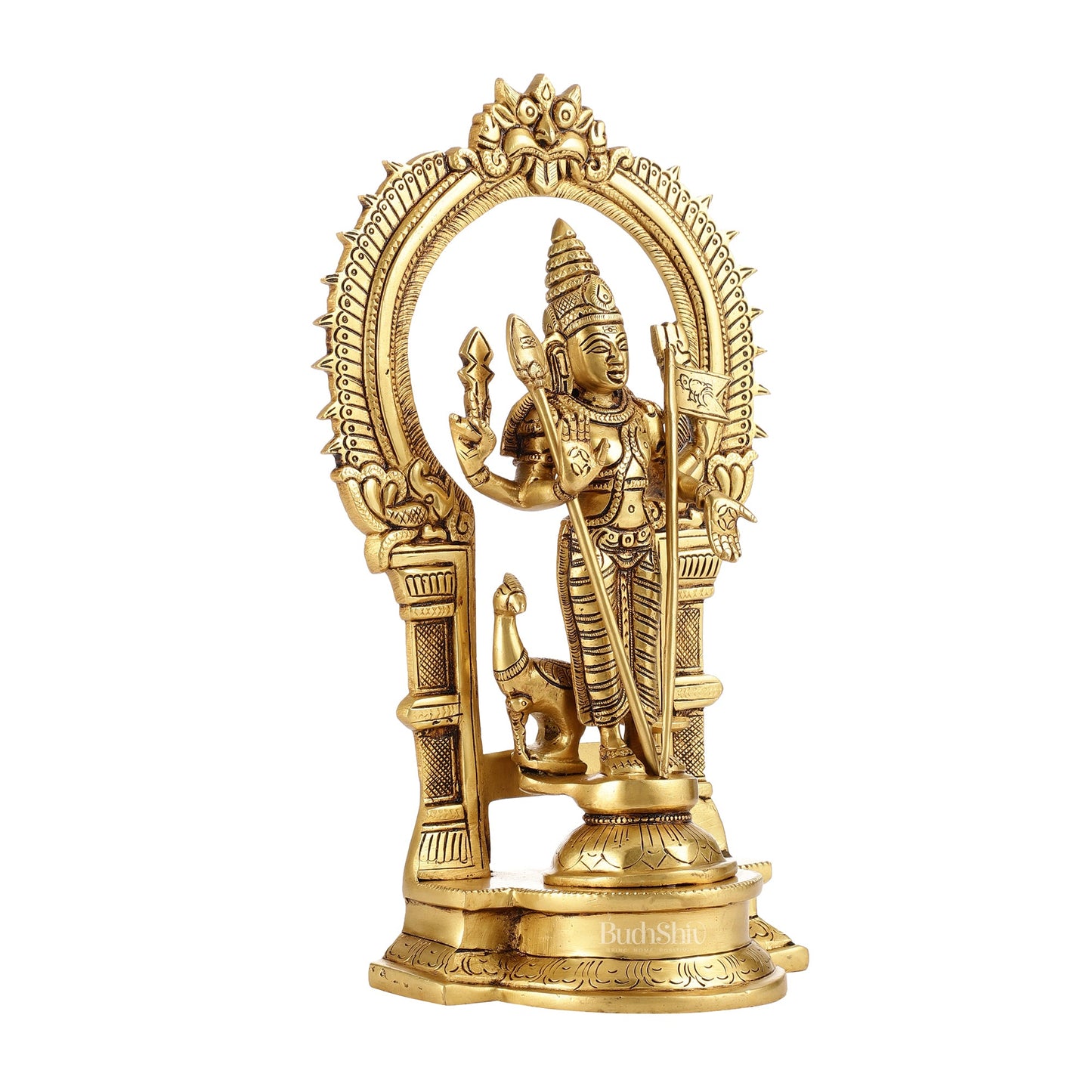Exquisite 13" Brass Kartikeya Lord Murugan Swamy Statue with Prabhavali Frame - Budhshiv.com