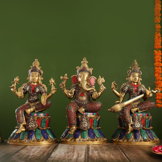 Exquisite 15-Inch Brass Ganesha, Lakshmi & Saraswati Idols | Divine Trio - Budhshiv.com