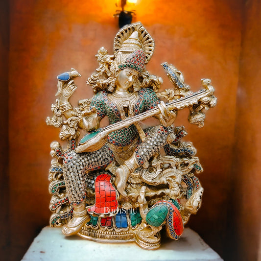 Exquisite 16" Superfine Brass Goddess Saraswati Statue - Budhshiv.com