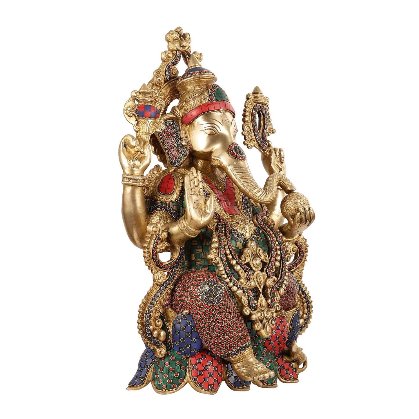 Exquisite 21 Inch Brass Ganesha Statue Seated on Lotus with Stonework - Budhshiv.com