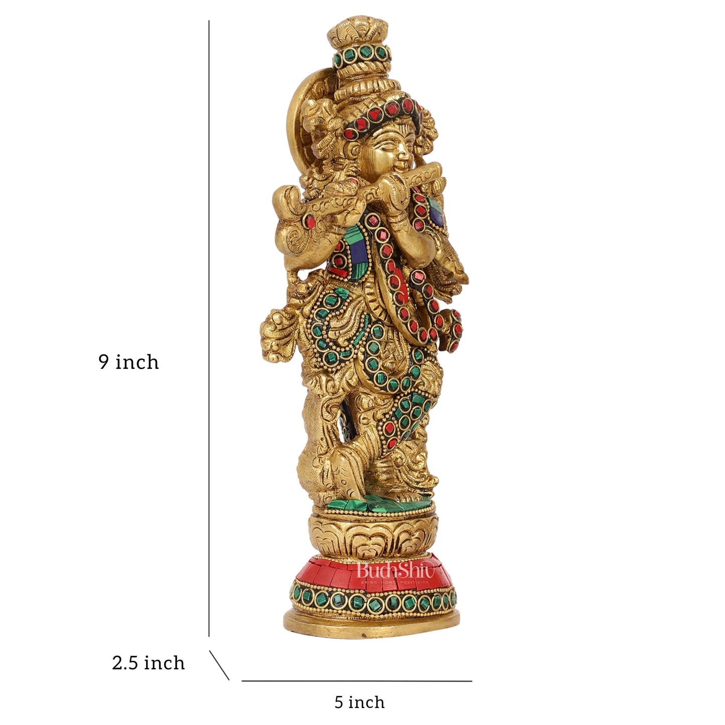 Exquisite 9.5-Inch Brass Krishna Idol with Stunning Natural Stone Meenakari - Budhshiv.com