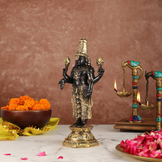 Exquisite Black & Gold Brass Tirupati Balaji Statue | 12" Height | Divine Elegance - Budhshiv.com