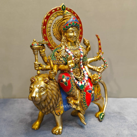 Exquisite Brass Durga Mata Idol | Devi Durga Sculpture | 15" stonework - Budhshiv.com
