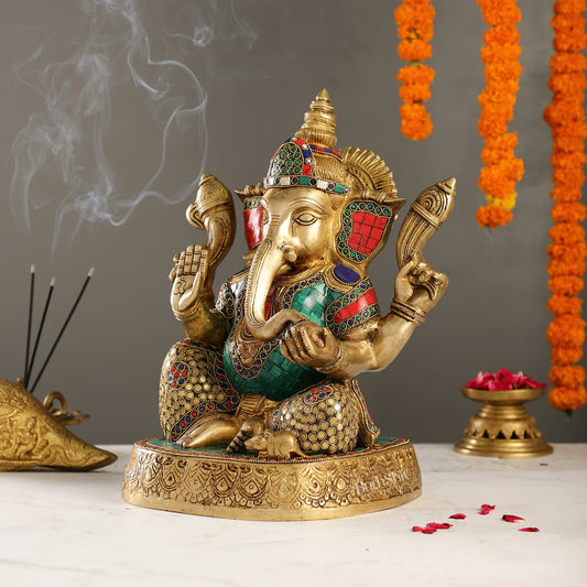 Exquisite Brass Handcrafted Lord Ganesha Statue with Stonework | 15" Height | Divine Artistry - Budhshiv.com