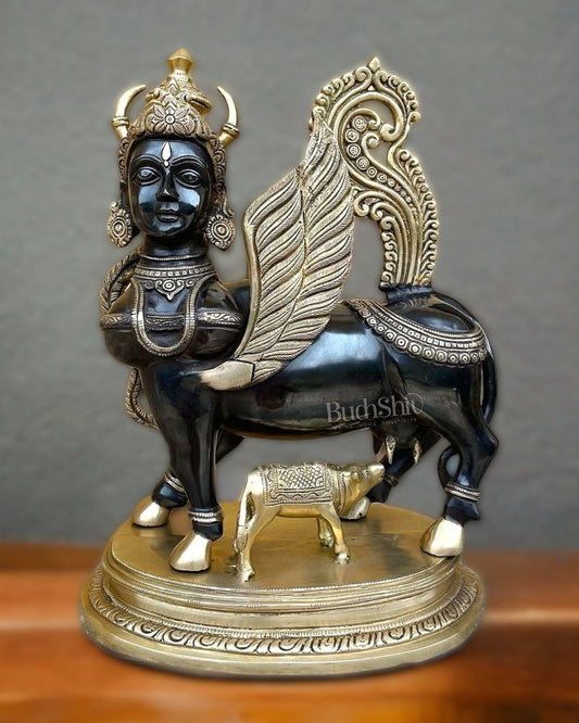 Exquisite Brass Kamdhenu Cow with calf Statue | 16.5" Tall | - Budhshiv.com