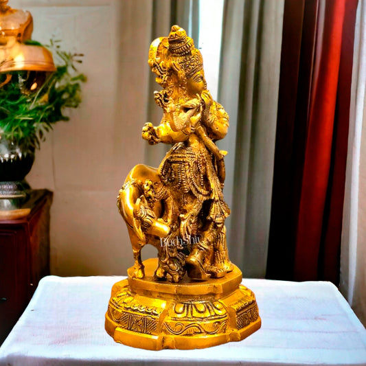 Exquisite Brass Krishna with Cow Idol | 12" Hindu Deity Sculpture - Budhshiv.com