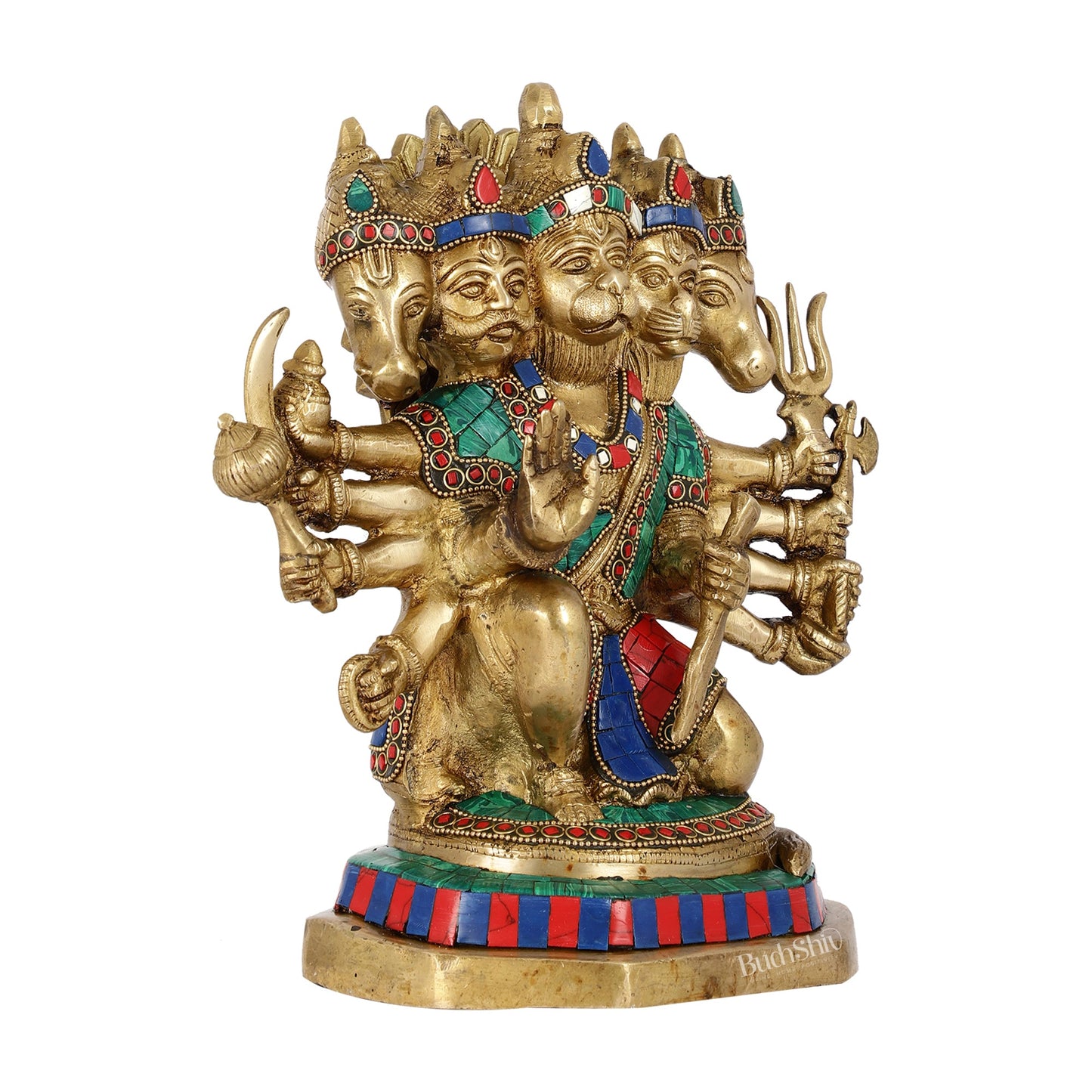 Exquisite Brass Panchmukhi Hanuman Statue with Stonework | 11.5" Height - Budhshiv.com