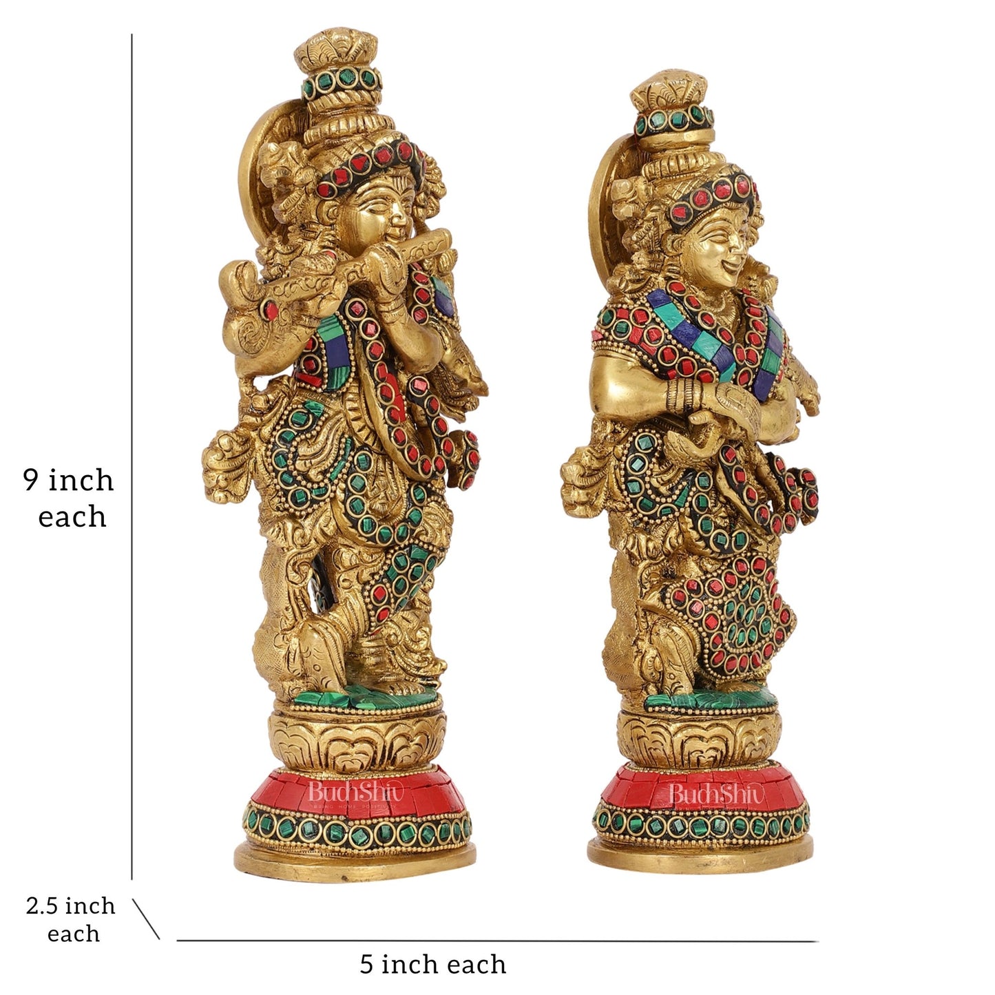 Exquisite Brass Radha Krishna Idol Pair with Stonework 9 inch - Budhshiv.com