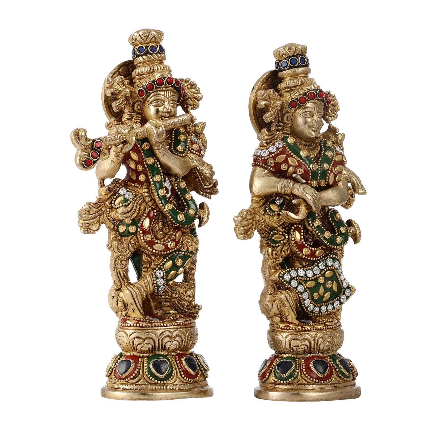Exquisite Brass Radha Krishna Idol Pair with Stonework 9 inch - Budhshiv.com
